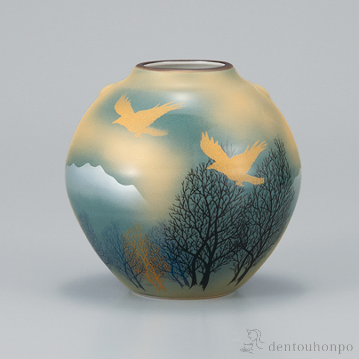 花瓶 木立連山に鳥 5.5号≪在庫確認後、1~3営業日で出荷≫ ( 木札名入れ有料 ガラス フラワーベース 花器 一輪挿し おすすめ 九谷焼 )