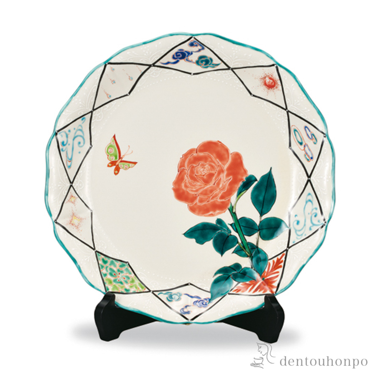 【送料無料】飾皿 ばら 10号 皿立付≪在庫確認後、1~3営業日で出荷≫ ( 木箱名入れ有料 木札名入れ有料 置物 飾皿 スタンド 絵皿 贈り物 九谷焼 )