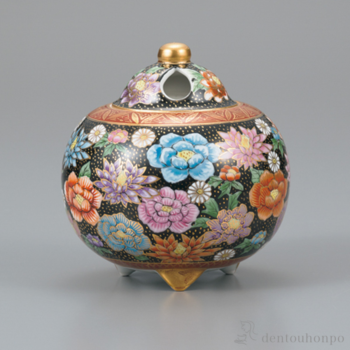 【送料無料】香炉 黒地花詰 4号≪在庫確認後、1~3営業日で出荷≫ ( 木箱名入れ有料 お香 線香 リラックス 仏具 人気 九谷焼 )