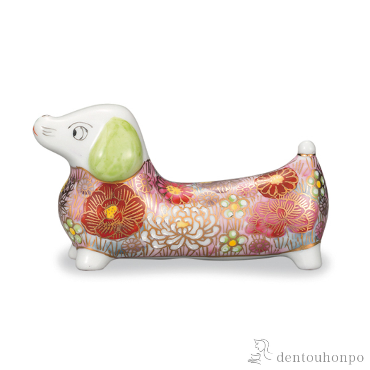 【送料無料】置物 ダックスフンド 花詰 ピンク≪在庫確認後、1~3営業日で出荷≫ ( 木札名入れ有料 九谷焼 )