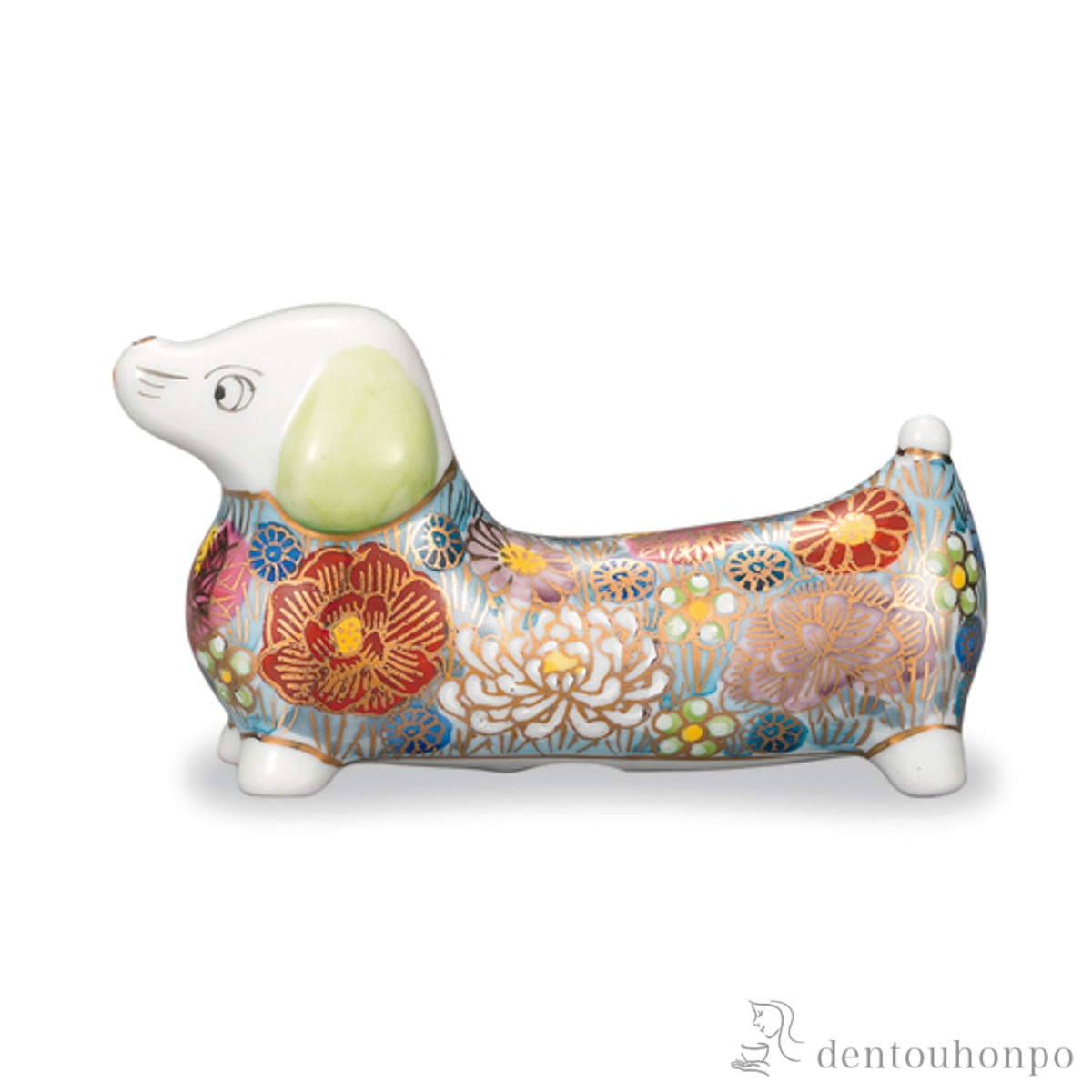 【送料無料】置物 ダックスフンド 花詰 ブルー≪在庫確認後、1~3営業日で出荷≫ ( 木札名入れ有料 九谷焼 )