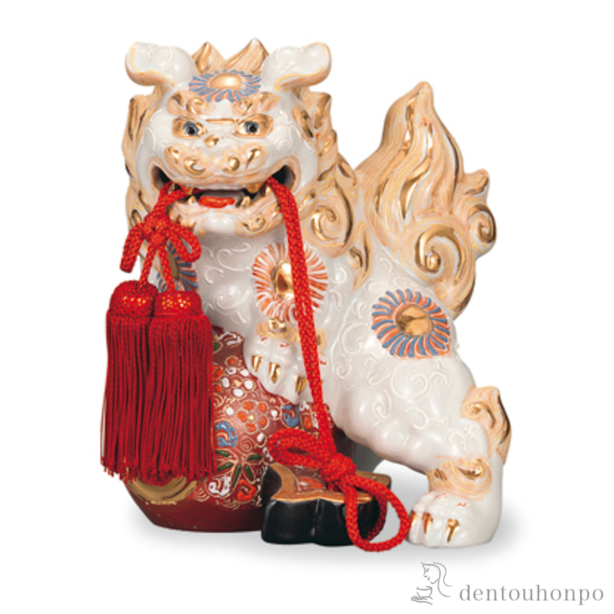 【送料無料】小槌獅子 白盛 6号≪在庫確認後、1~3営業日で出荷≫ ( 木札名入れ有料 置物 玄関 受付 風水 幸運 九谷焼 )