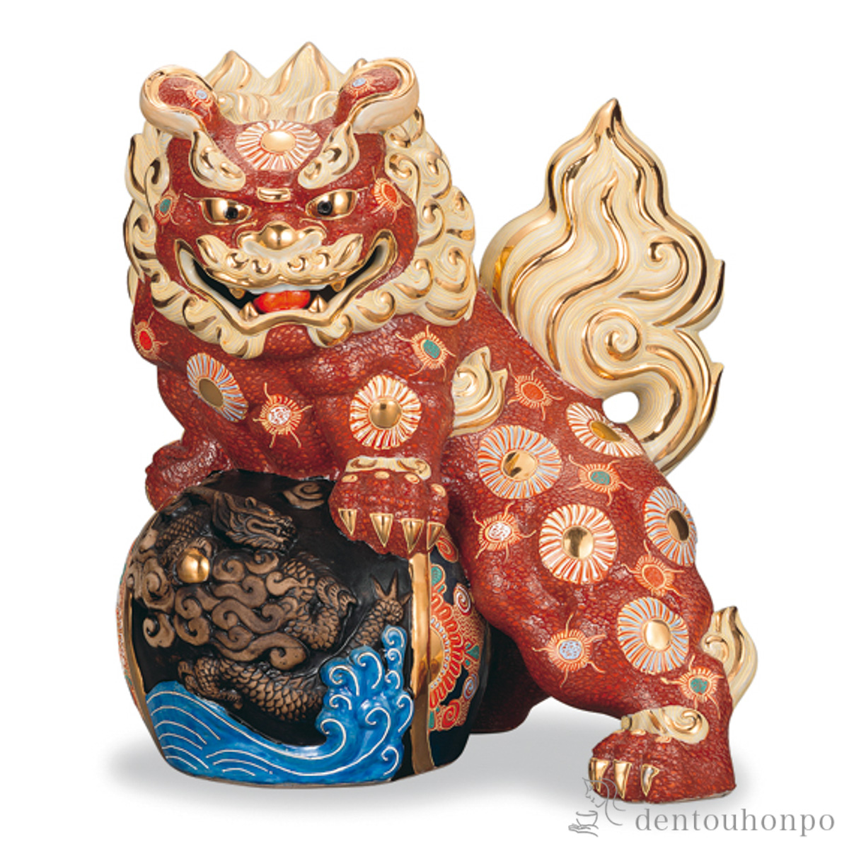 【送料無料】立龍彫刻獅子 盛 16号≪在庫確認後、1~3営業日で出荷≫ ( 木札名入れ有料 置物 玄関 受付 風水 幸運 九谷焼 )