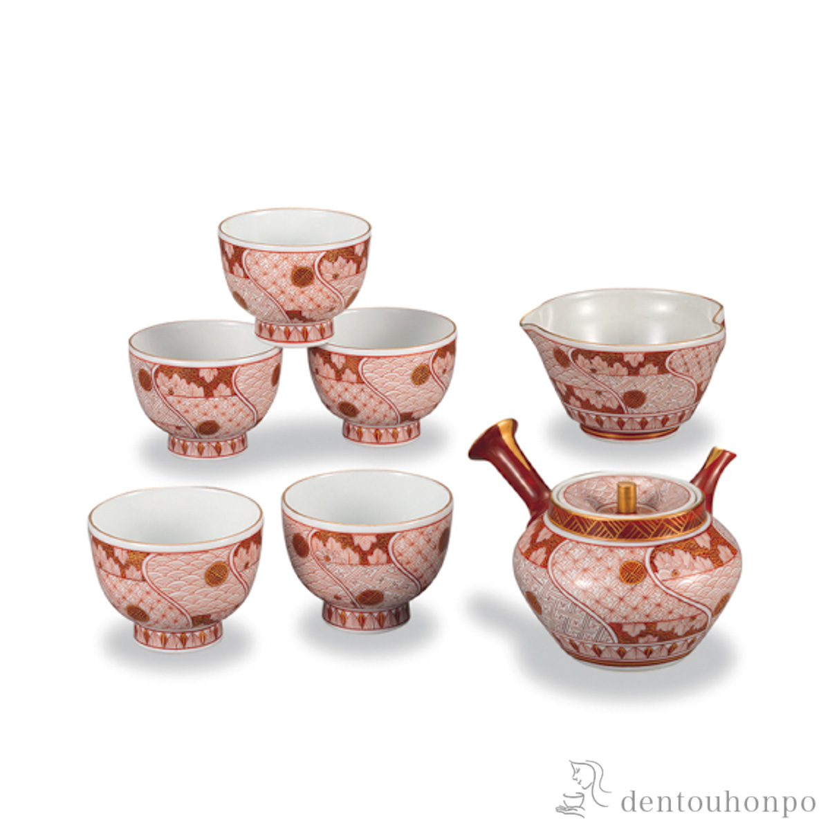 【送料無料】小茶器揃 赤絵小紋≪在庫確認後、1~3営業日で出荷≫ ( 木箱名入れ有料 茶器セット 急須 湯呑み 日本茶 中国茶 九谷焼 )