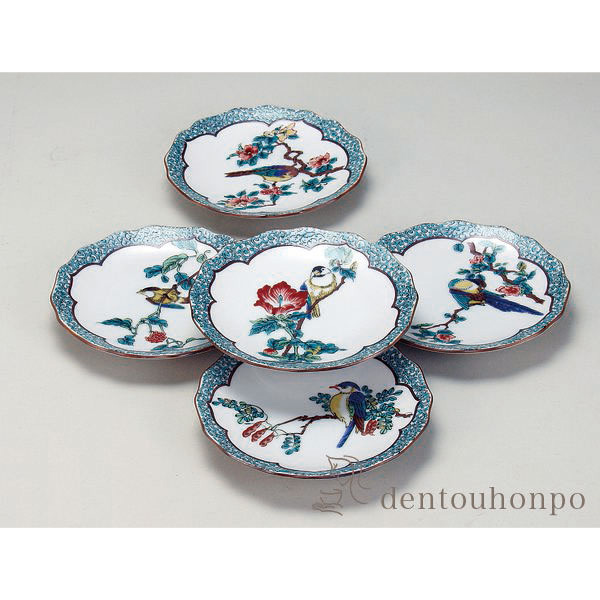 九谷焼 皿揃 緑彩唐草花鳥 4号≪在庫確認後、通常即日で出荷≫ ( 退職祝い 定年 和食器セット お皿 揃える 食器 和食 九谷焼 )