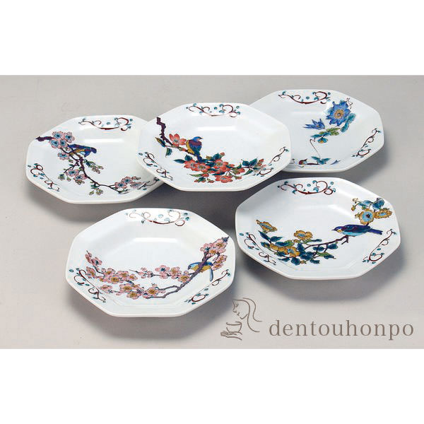 【送料無料】九谷焼 皿揃 花鳥絵変わり 5号≪注文後に商品取り寄せ、後日納期連絡致します≫ ( 退職祝い 定年 和食器セット お皿 揃える 食器 和食 九谷焼 )