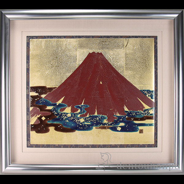 【送料無料】九谷焼 陶額 金箔赤富士 ガラス付≪在庫確認後、1~3営業日で出荷≫ ( お祝い 取引先 周年記念 創立記念 竣工記念 アートパネル 九谷焼 )