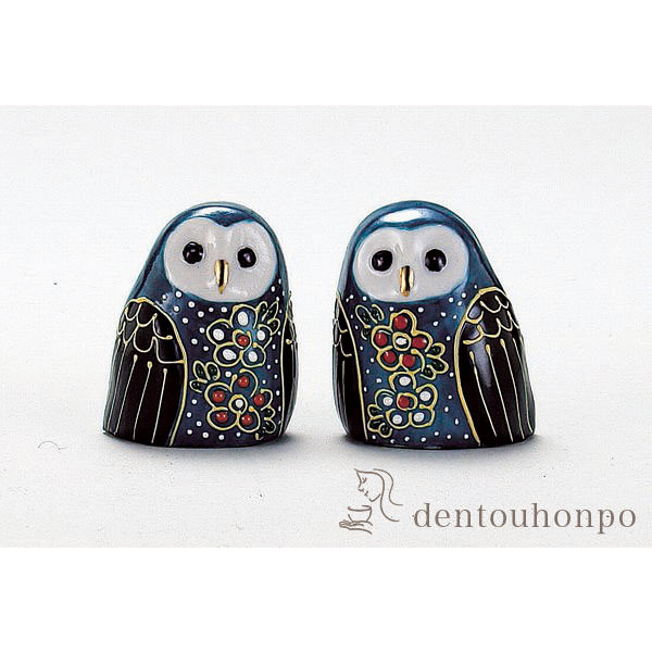 【送料無料】九谷焼 ペア梟 緑盛 1.5号≪1ヶ月程で出荷予定≫ ( ふくろう 盛 木札名入れ有料 退職祝い 定年 フクロウ 置物 玄関 風水 小物 セット 九谷焼 )