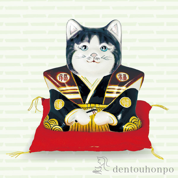 【送料無料】九谷焼 福助猫 紫釉 6号 布団付≪在庫確認後、21営業日程で出荷≫ ( 木札名入れ有料 初任給 プレゼント 母の日 置物 幸運 開運 開店祝い 風水 九谷焼 )