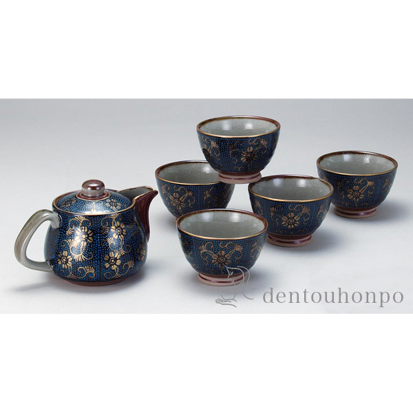 【送料無料】九谷焼 ポット茶器 青粒≪在庫確認後、通常即日で出荷≫ ( 木箱名入れ有料 茶器セット 急須 湯呑み 日本茶 中国茶 九谷焼 )