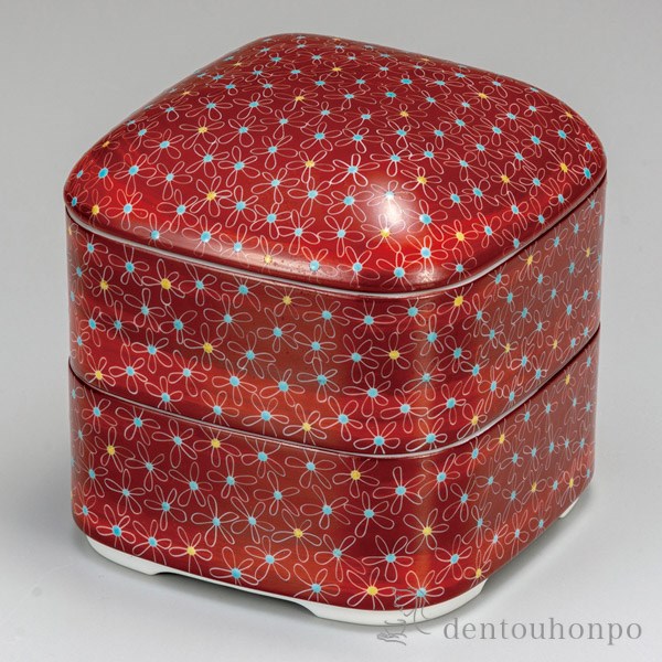 【送料無料】九谷焼 二段重 朱巻小花≪在庫確認後、通常即日で出荷≫ ( お正月 新年 おせち 蓋物 陶器 お正月 重箱 和食器 九谷焼 )