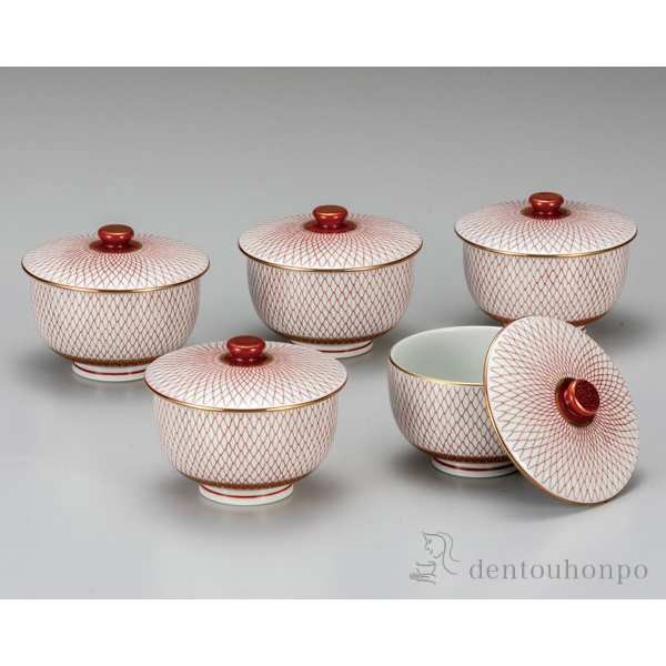 【送料無料】九谷焼 蓋付汲出揃 赤網 5個セット≪在庫確認後、通常即日で出荷≫ ( 退職祝い 定年 茶器セット 急須 湯呑み 日本茶 中国茶 九谷焼 )