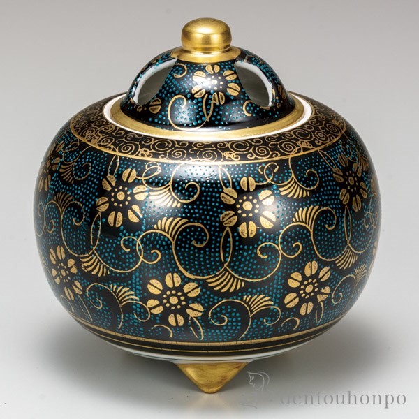 【送料無料】九谷焼 香炉 青粒鉄仙 4号≪在庫確認後、通常即日で出荷≫ ( 木箱名入れ有料 お香 線香 リラックス 仏具 人気 九谷焼 )