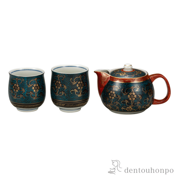 【送料無料】くつろぎ揃 青粒鉄仙 夫婦湯呑・急須セット 茶こし網付き≪売り切れました≫ ( 湯のみ 急須 ポット プレゼント 日本茶 九谷焼 )