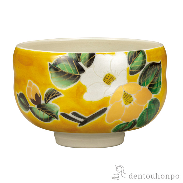 【送料無料】抹茶碗 吉田屋金銀椿≪在庫確認後、通常即日で出荷≫ ( 木箱名入れ有料 抹茶碗 茶道具 茶器 お稽古用 抹茶 九谷焼 )