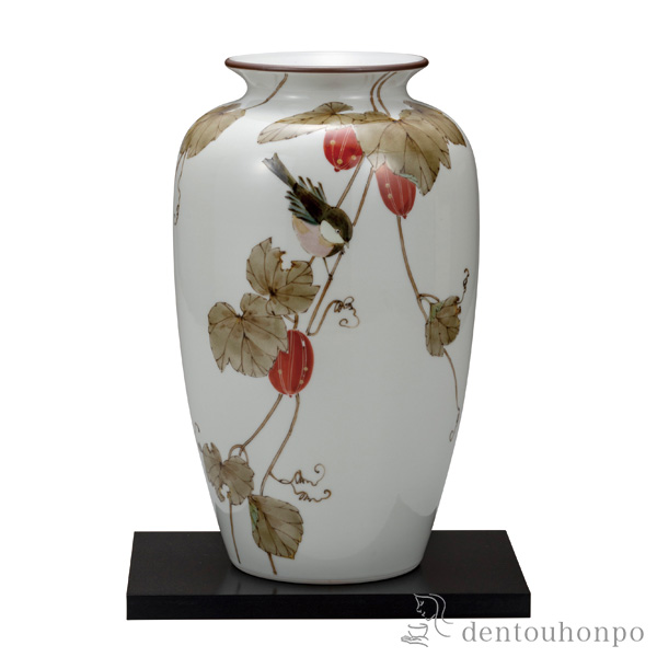 【送料無料】花瓶 鳥にからす瓜 10号 台付≪在庫確認後、通常即日で出荷≫ ( 木箱名入れ有料 木札名入れ有料 花器 大きい フラワーベース 大きな 置物 九谷焼 )
