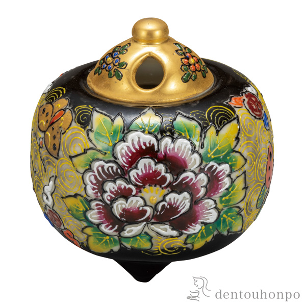 【送料無料】香炉 黒盛花と蝶 3.5号≪在庫確認後、通常即日で出荷≫ ( 木箱名入れ有料 お香 線香 リラックス 仏具 人気 九谷焼 )