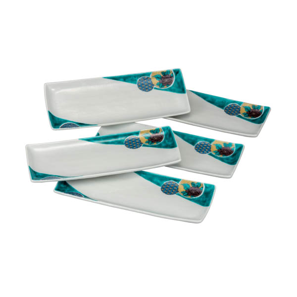 【送料無料】長皿揃 グリーン丸紋 10号≪在庫確認後、通常即日で出荷≫ ( 和食器セット お皿 揃える 食器 和食 九谷焼 )