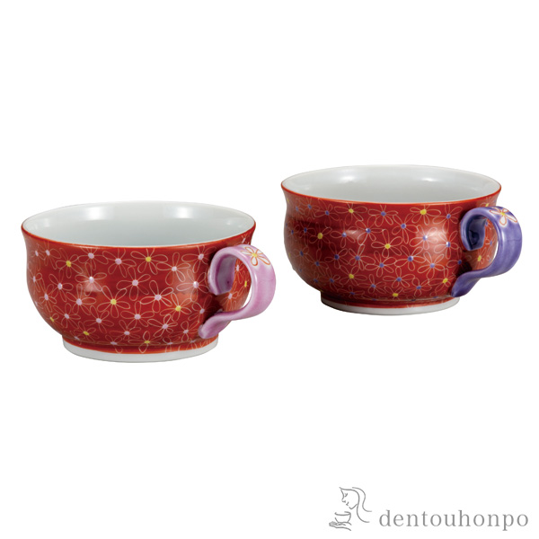 【送料無料】ペアスープカップ 朱巻小花≪在庫確認後、通常即日で出荷≫ ( デザートカップ アイスカップ アイスカップ スープボール ランキング 九谷焼 )
