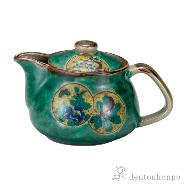 ポット急須 グリーン丸紋 網付≪在庫確認後、通常即日で出荷≫ ( ティーポット お茶 煎茶 日本茶 おすすめ 九谷焼 )