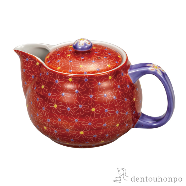 ポット急須 朱巻小花 網付≪在庫確認後、通常即日で出荷≫ ( ティーポット お茶 煎茶 日本茶 おすすめ 九谷焼 )