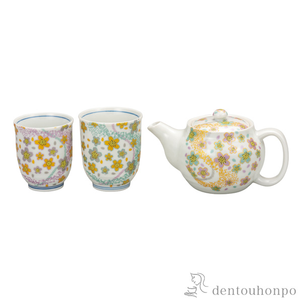 くつろぎ揃 曲水花 網付≪在庫確認後、通常即日で出荷≫ ( 湯のみ 急須 ポット プレゼント 日本茶 九谷焼 )