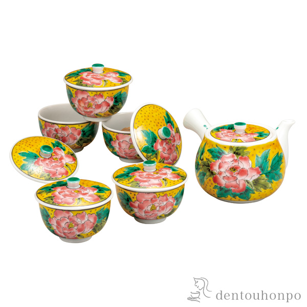 【送料無料】蓋付茶器 吉田屋牡丹≪在庫確認後、通常即日で出荷≫ ( 茶器セット 急須 湯呑み 日本茶 中国茶 九谷焼 )