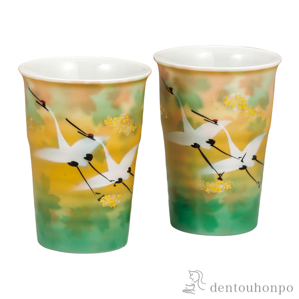 【送料無料】ペアフリーカップ 金箔花群鶴≪在庫確認後、通常即日で出荷≫ ( 焼酎グラス ビアカップ ビールグラス フリーカップ グラス 九谷焼 )