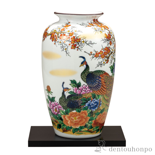 【送料無料】花瓶 牡丹孔雀 10号 台付≪在庫確認後、通常即日で出荷※5／7以降≫ ( 木箱名入れ有料 木札名入れ有料 ガラス フラワーベース 花器 一輪挿し おすすめ 九谷焼 )