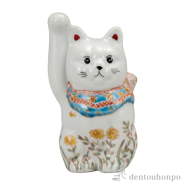 招き猫 お花畑 3号≪在庫確認後、通常即日で出荷※5／7以降≫ ( 木札名入れ有料 初任給 プレゼント 母の日 置物 幸運 開運 まねきねこ 風水 九谷焼 )