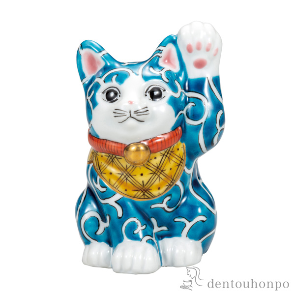 【送料無料】招き猫 色絵唐草 4号≪在庫確認後、通常即日で出荷≫ ( 木札名入れ有料 置物 幸運 開運 まねきねこ 風水 九谷焼 )