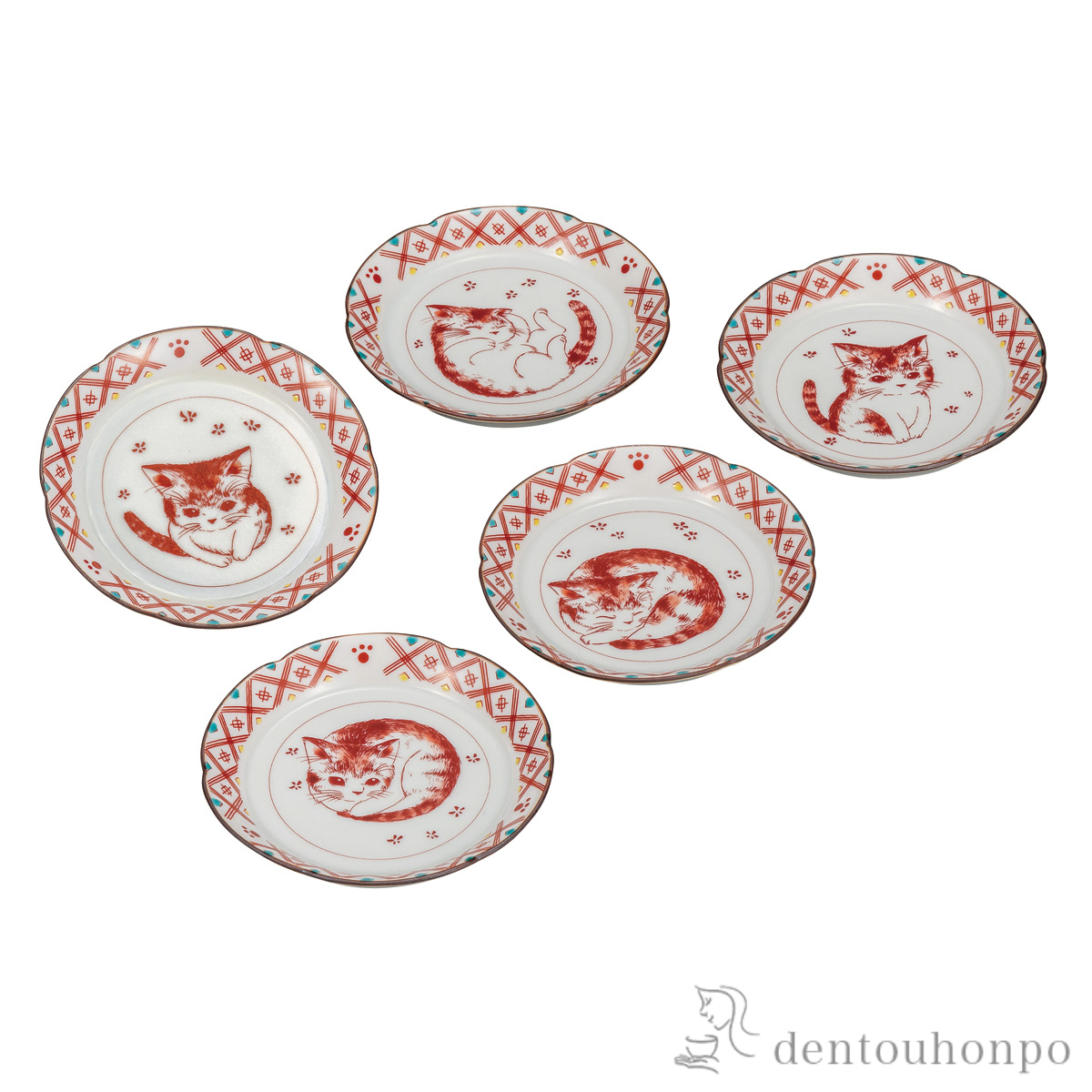 【送料無料】皿揃 赤絵こねこ 3.2号≪在庫確認後、通常即日で出荷≫ ( プレート 醤油皿 豆皿 和食 洋食 九谷焼 )