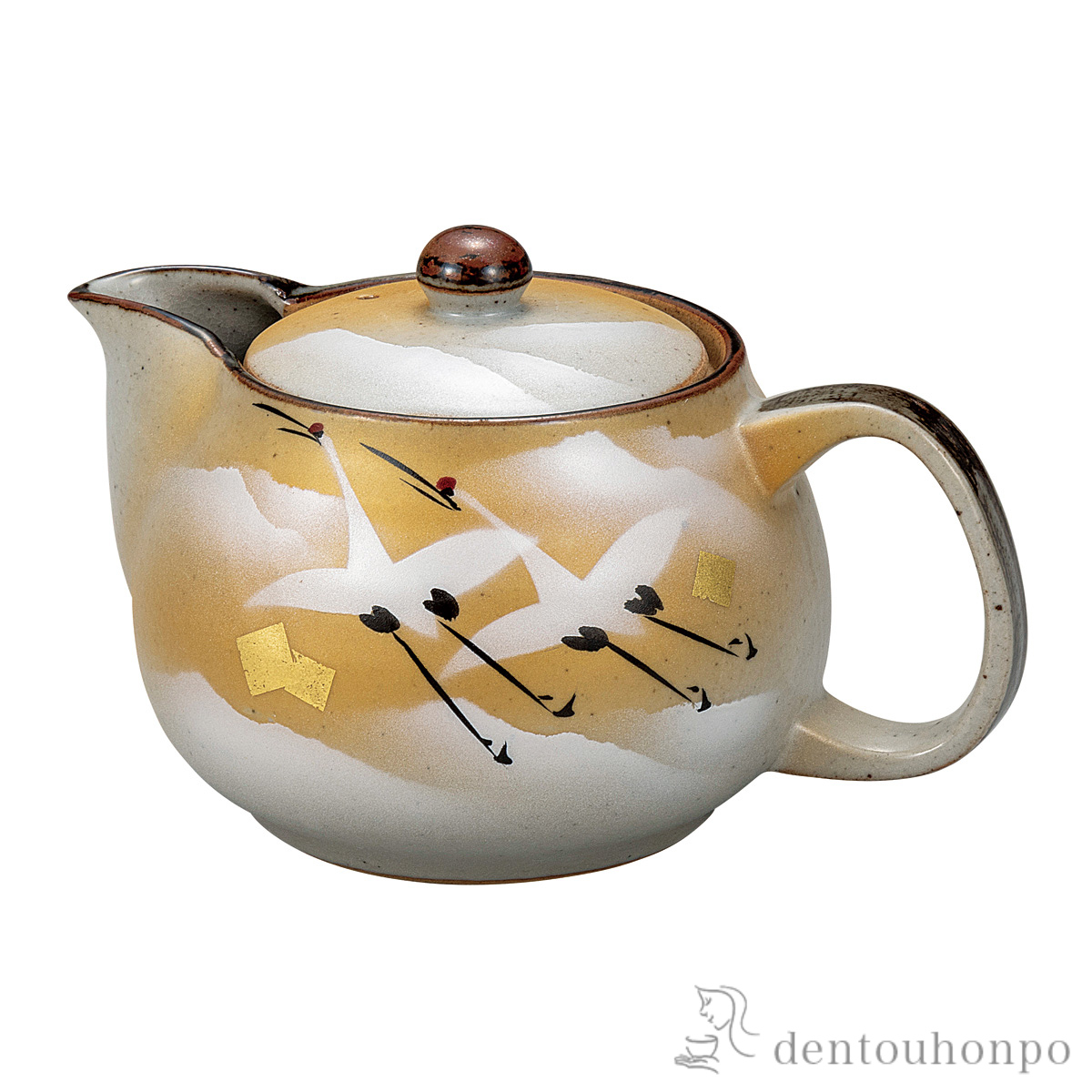 【送料無料】ポット急須 金箔群鶴 茶こし網付≪在庫確認後、通常即日で出荷≫ ( ティーポット お茶 煎茶 日本茶 おすすめ 九谷焼 )