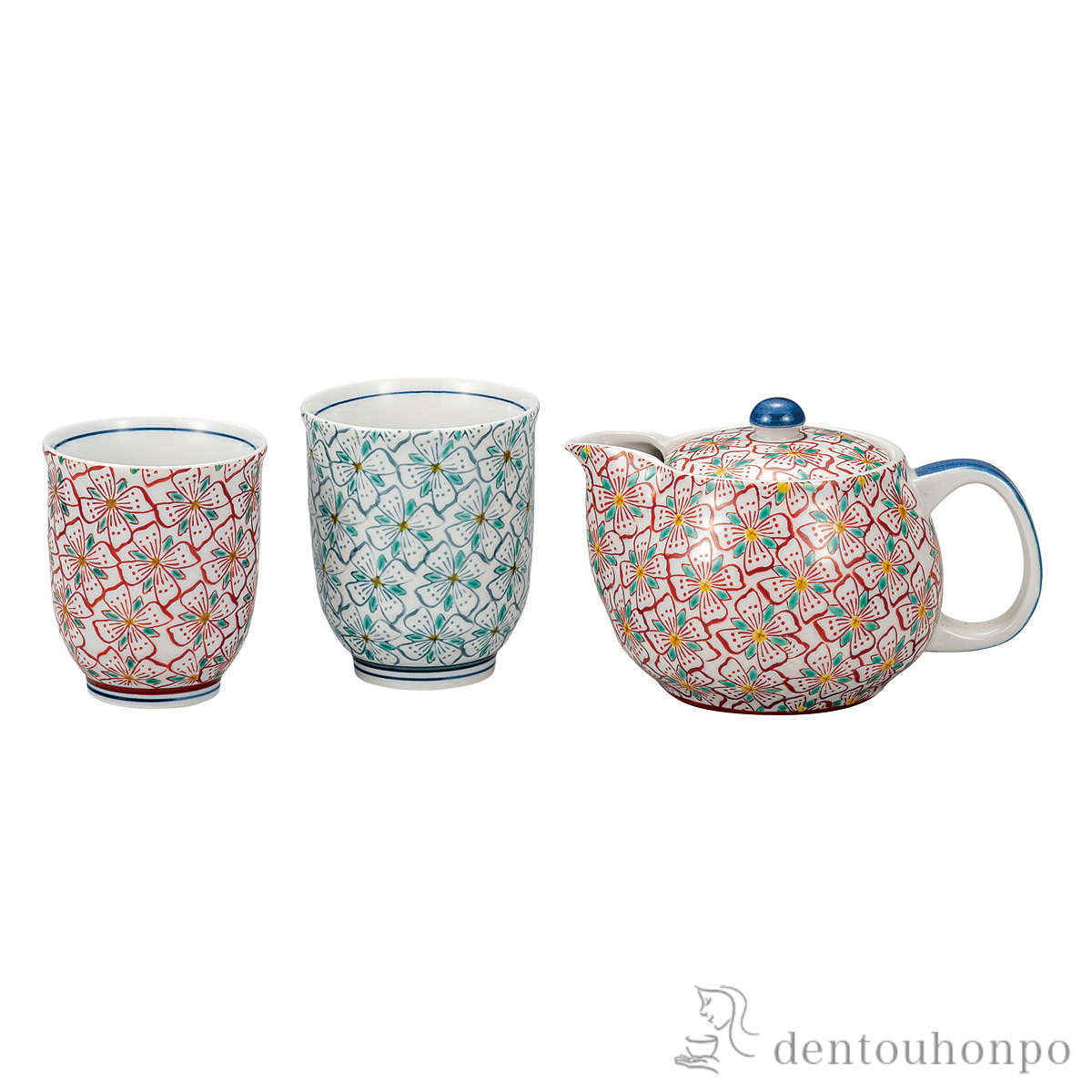 【送料無料】くつろぎ揃 花紋 茶こし網付≪在庫確認後、通常即日で出荷≫ ( 湯のみ 急須 ポット プレゼント 日本茶 九谷焼 )