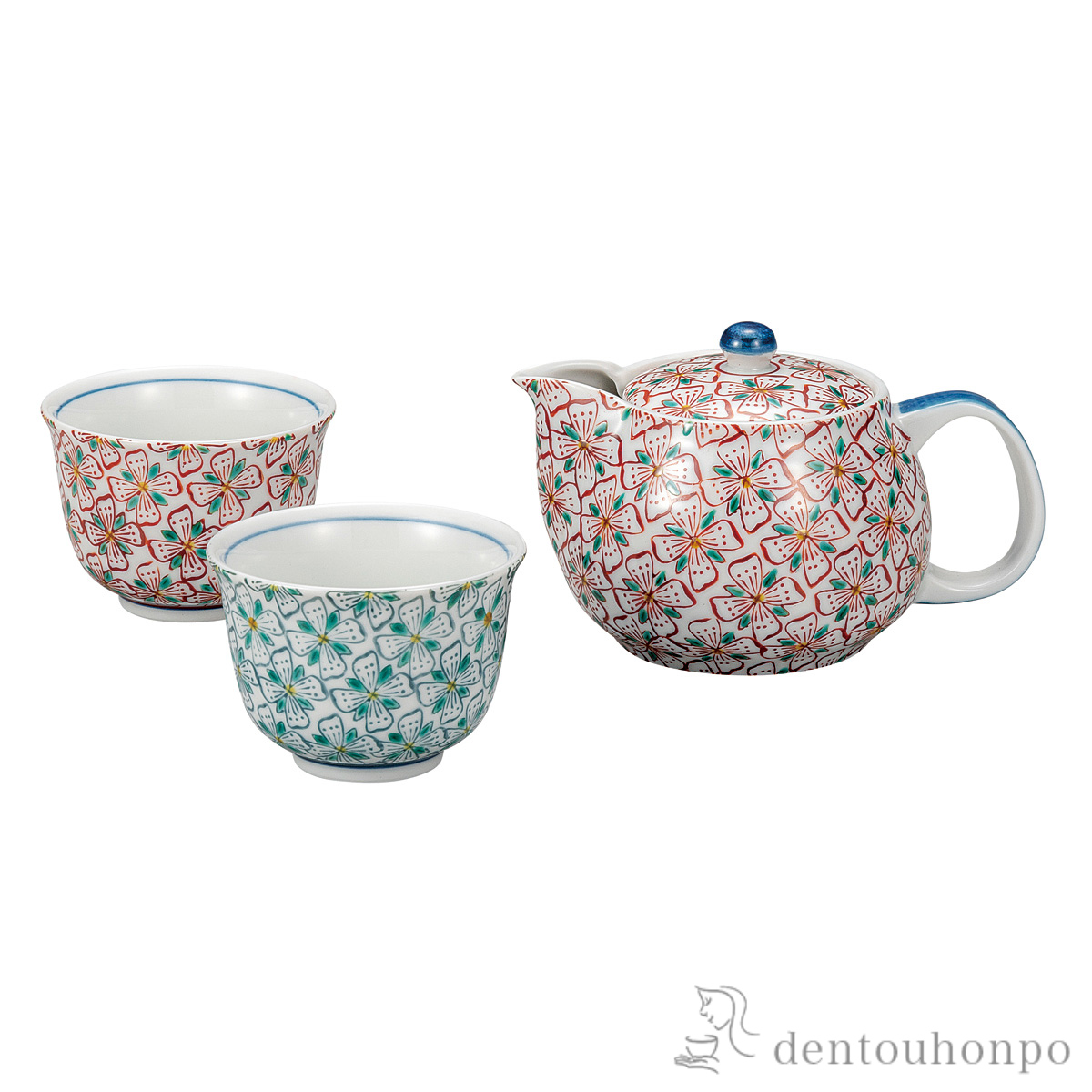 【送料無料】茶器セット 花紋 茶こし網付≪在庫確認後、通常即日で出荷≫ ( 茶器セット 急須 湯呑み 日本茶 中国茶 九谷焼 )