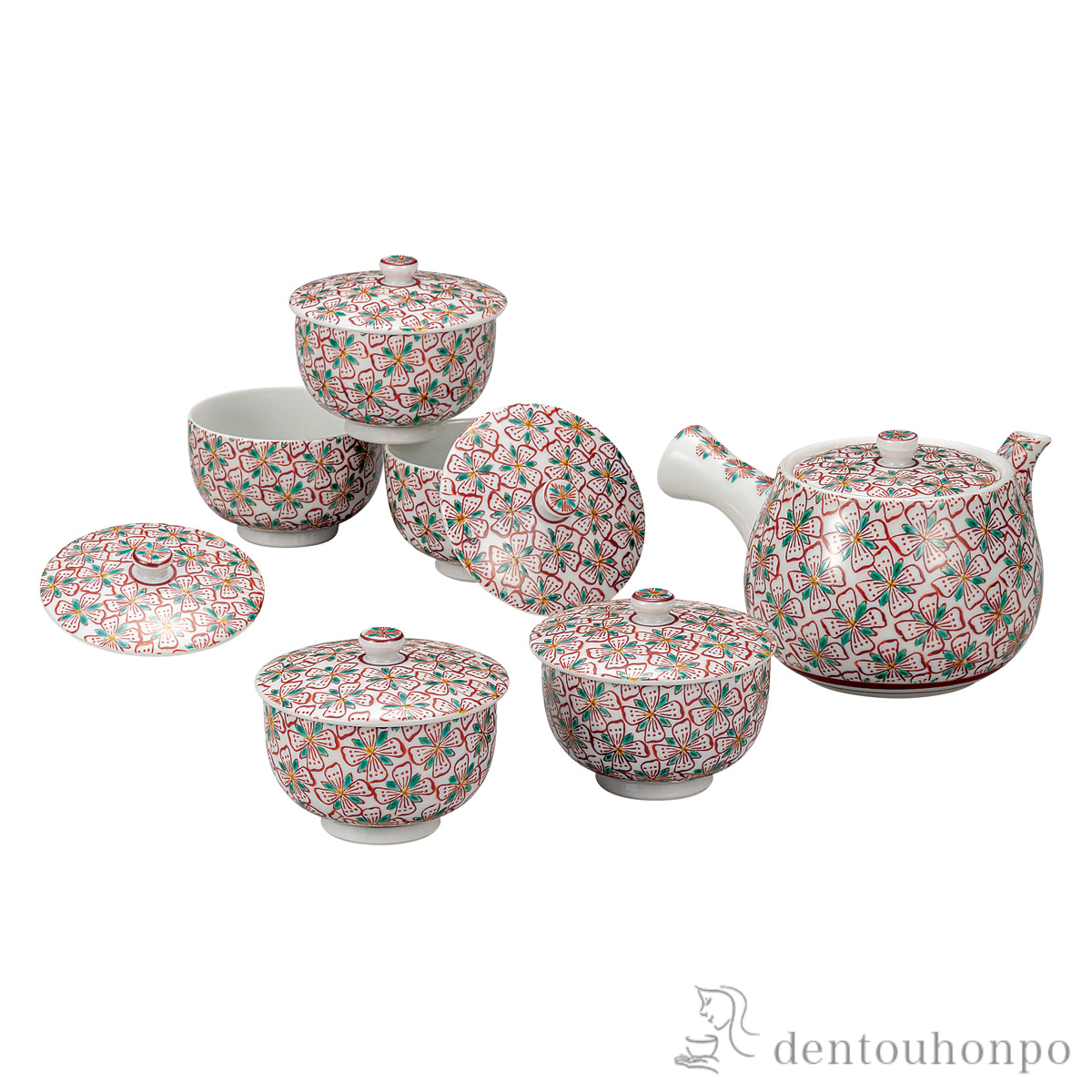 【送料無料】蓋付茶器セット 花紋≪在庫確認後、通常即日で出荷≫ ( 茶器セット 急須 湯呑み 日本茶 中国茶 九谷焼 )