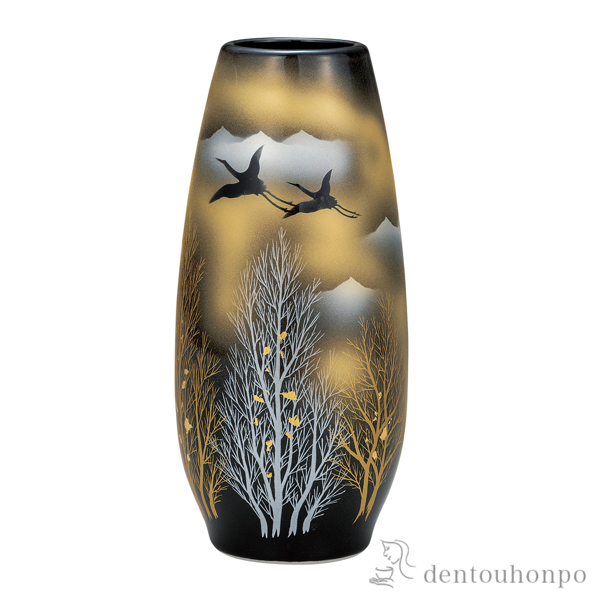 花瓶 金箔木立に双鶴 8.5号≪在庫確認後、通常即日で出荷≫ ( 木札名入れ有料 ガラス フラワーベース 花器 一輪挿し おすすめ 九谷焼 )