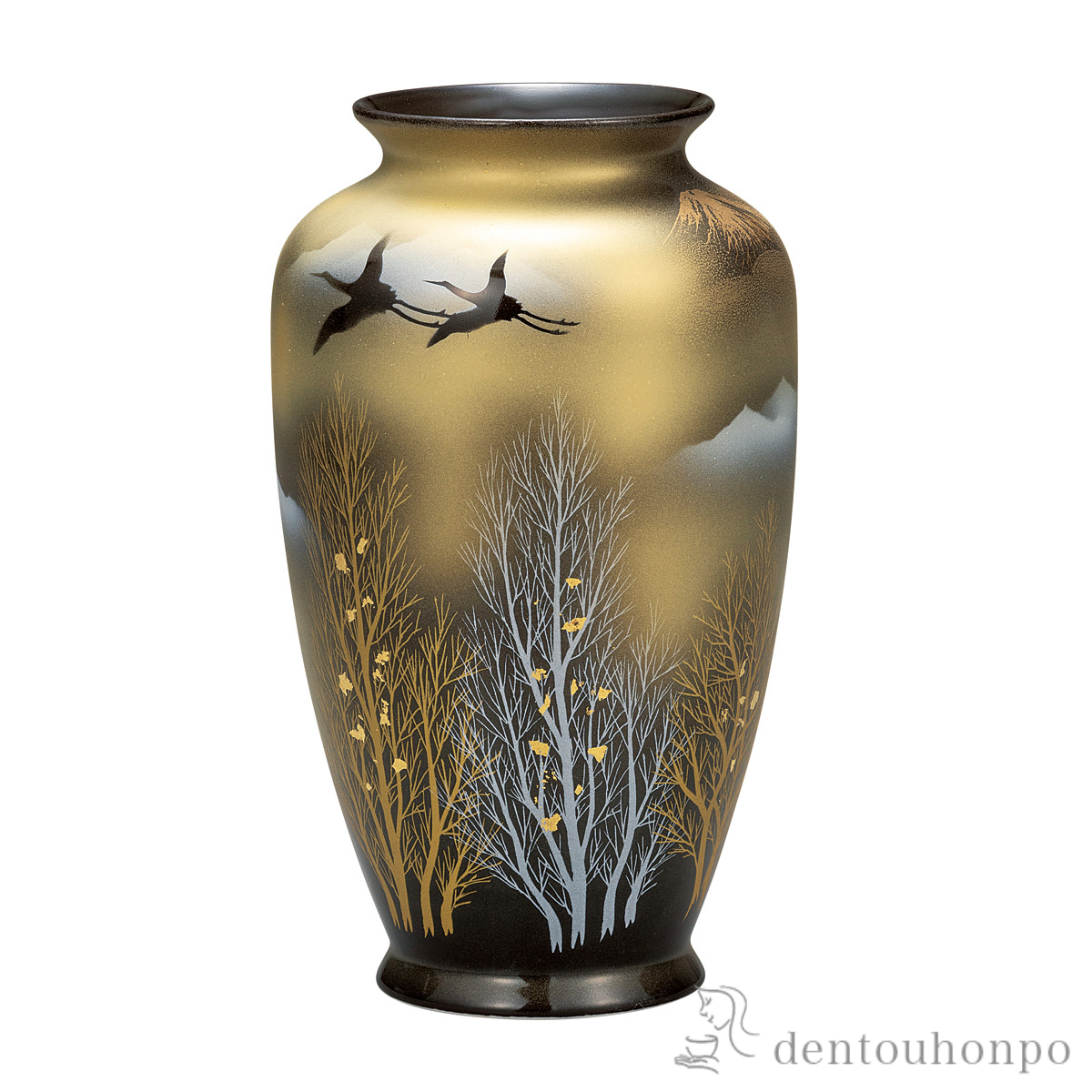 【送料無料】花瓶 金箔木立連山に鶴 8号≪在庫確認後、通常即日で出荷≫ ( 木札名入れ有料 ガラス フラワーベース 花器 一輪挿し おすすめ 九谷焼 )