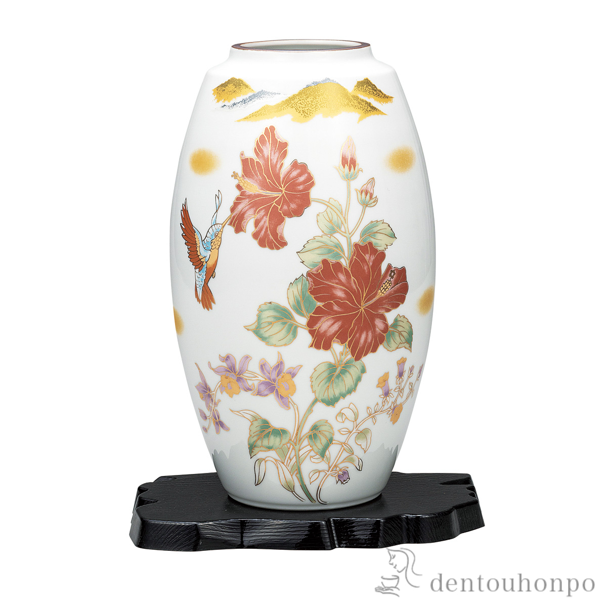 【送料無料】花瓶 ハイビスカスに鳥 9号 台付≪在庫確認後、通常即日で出荷≫ ( 木札名入れ有料 ガラス フラワーベース 花器 一輪挿し おすすめ 九谷焼 )
