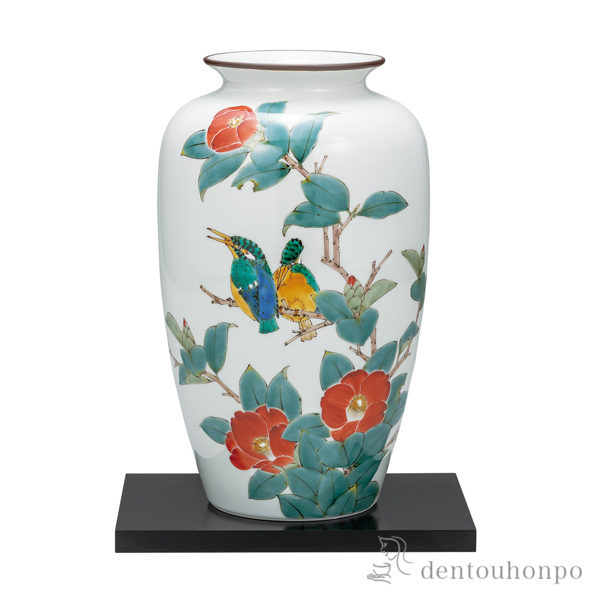 【送料無料】花瓶 花椿に翡翠 10号 台付≪在庫確認後、通常即日で出荷≫ ( 木札名入れ有料 ガラス フラワーベース 花器 一輪挿し おすすめ 九谷焼 )