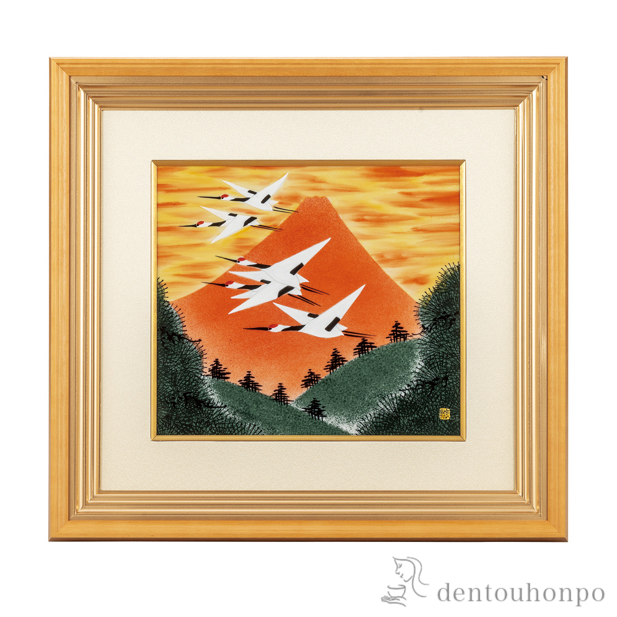 【送料無料】陶額 赤富士に鶴≪在庫確認後、通常即日で出荷≫ ( 置物 額飾り 陶板 陶板画 法人 九谷焼 )