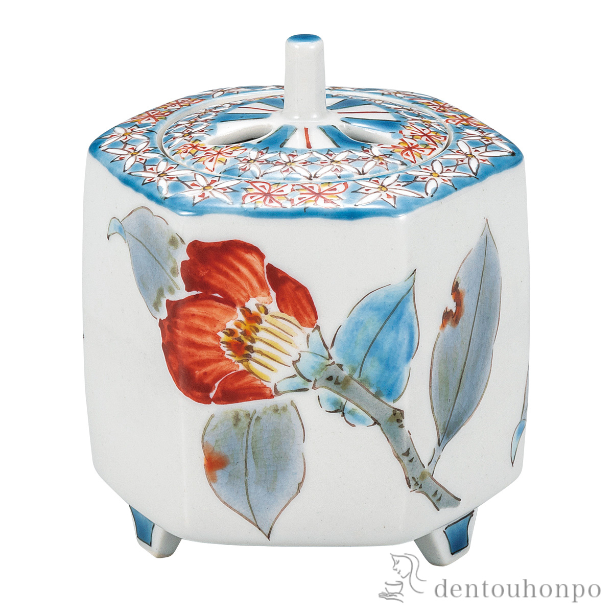 【送料無料】香炉 色小紋に椿図 3号≪在庫確認後、通常即日で出荷≫ ( お香 線香 リラックス 仏具 人気 九谷焼 )