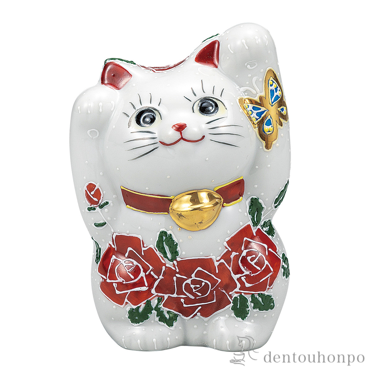 【送料無料】両手招き猫 薔薇 4号≪在庫確認後、通常即日で出荷≫ ( 退職祝い 定年 置物 幸運 開運 まねきねこ 風水 九谷焼 )