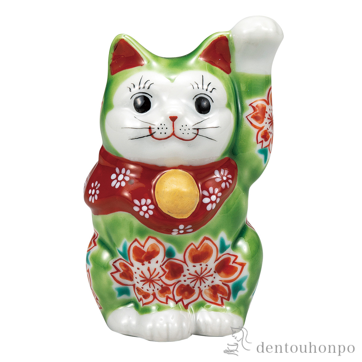【送料無料】招き猫 グリーン釉桜 3.3号≪在庫確認後、通常即日で出荷≫ ( 置物 幸運 開運 まねきねこ 風水 九谷焼 )