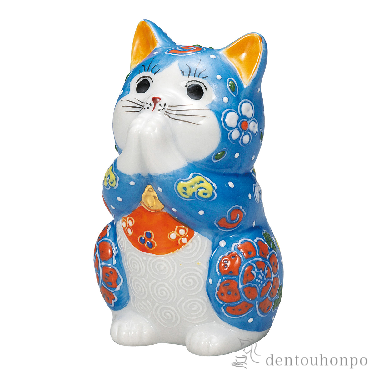 【送料無料】お祈り猫 青盛 3.2号≪在庫確認後、通常即日で出荷≫ ( 置物 幸運 開運 まねきねこ 風水 九谷焼 )