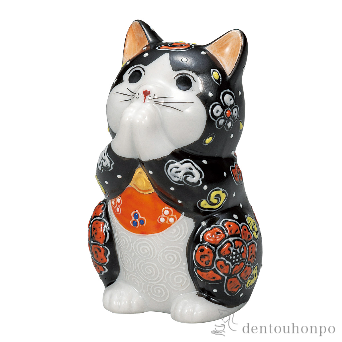 【送料無料】お祈り猫 黒盛 3.2号≪在庫確認後、通常即日で出荷≫ ( 置物 幸運 開運 まねきねこ 風水 九谷焼 )