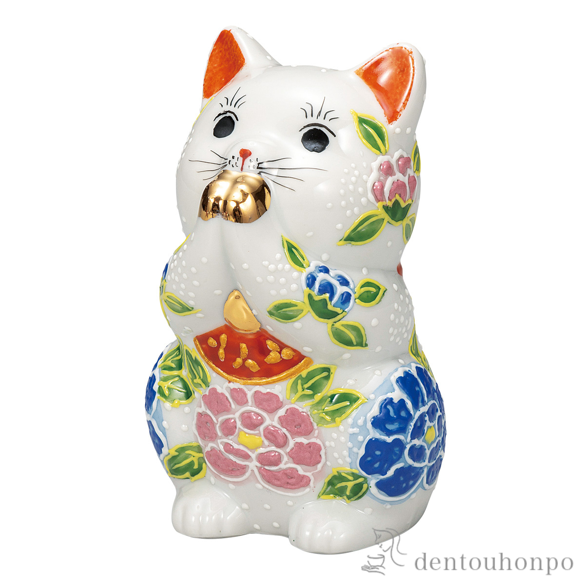 【送料無料】お祈り猫 白盛牡丹 3.8号≪在庫確認後、通常即日で出荷≫ ( 置物 幸運 開運 まねきねこ 風水 九谷焼 )