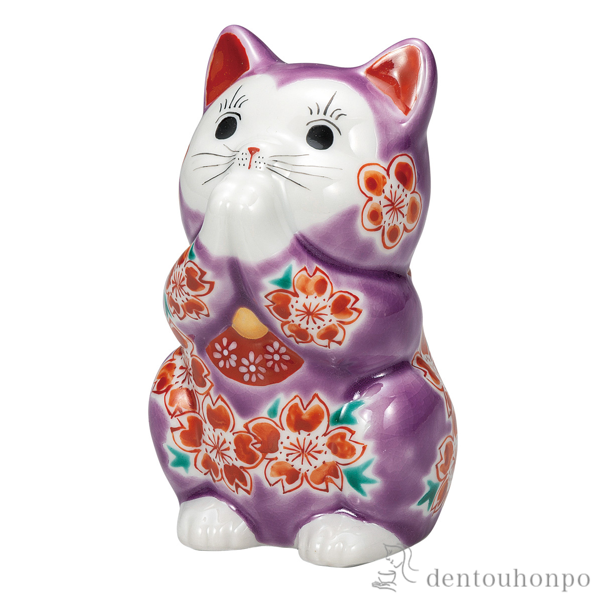 【送料無料】お祈り猫 パープル釉桜 3.8号≪在庫確認後、通常即日で出荷≫ ( 置物 幸運 開運 まねきねこ 風水 九谷焼 )