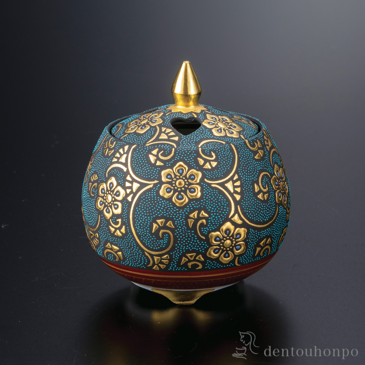 【送料無料】豆香炉 盛金宝相華唐草文青粒 2.8号≪在庫確認後、通常即日で出荷≫ ( お香 線香 リラックス 仏具 人気 九谷焼 )