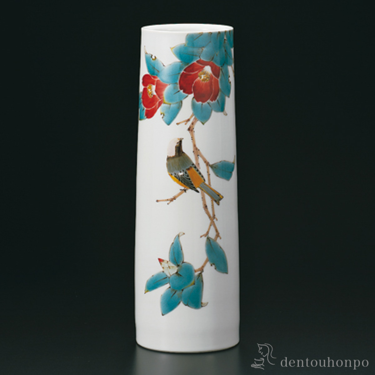 【送料無料】花瓶 椿に尉鶴 9号≪在庫確認後、1~3営業日で出荷≫ ( 木箱名入れ有料 木札名入れ有料 ガラス フラワーベース 花器 一輪挿し おすすめ 九谷焼 )